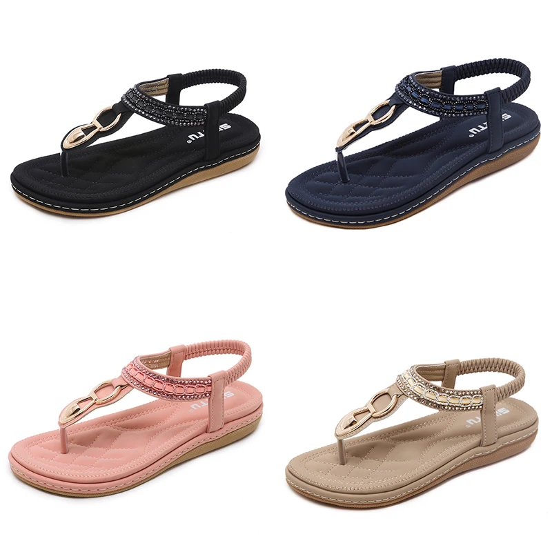 

New design flat cork pattern sandal 2021 womens flat sandals with rhinestone