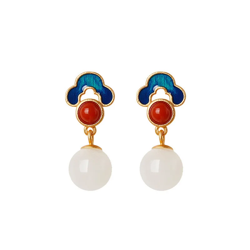 

Elegant 925 Sterling Silver Hetian Jade Earrings Enameled Amulet Jewelry White Jade Stud Earrings, As picture show