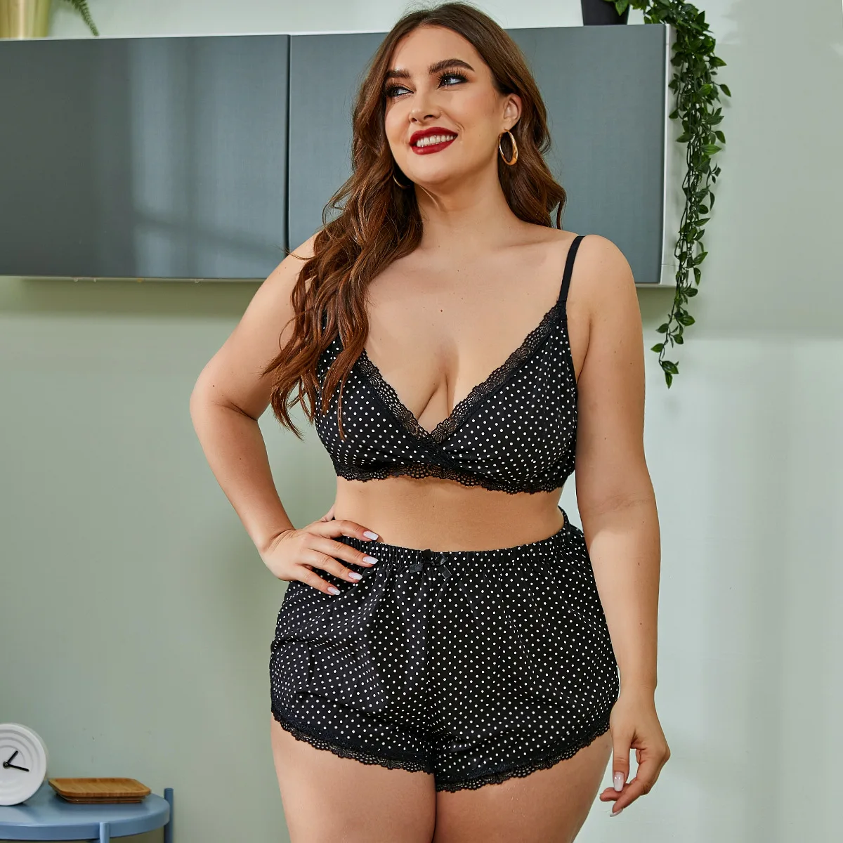 

2020 New plus size 2-piece set underwear lace polka dot sexy lingerie, White ,green