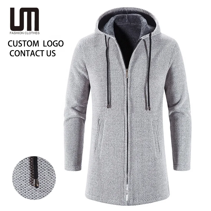 Liu Ming Men's Thick Warm Fleece Cardigan Winter Trending Casual Windbreaker Jackets with Zipper Closure Knitted Sweater Hooded
