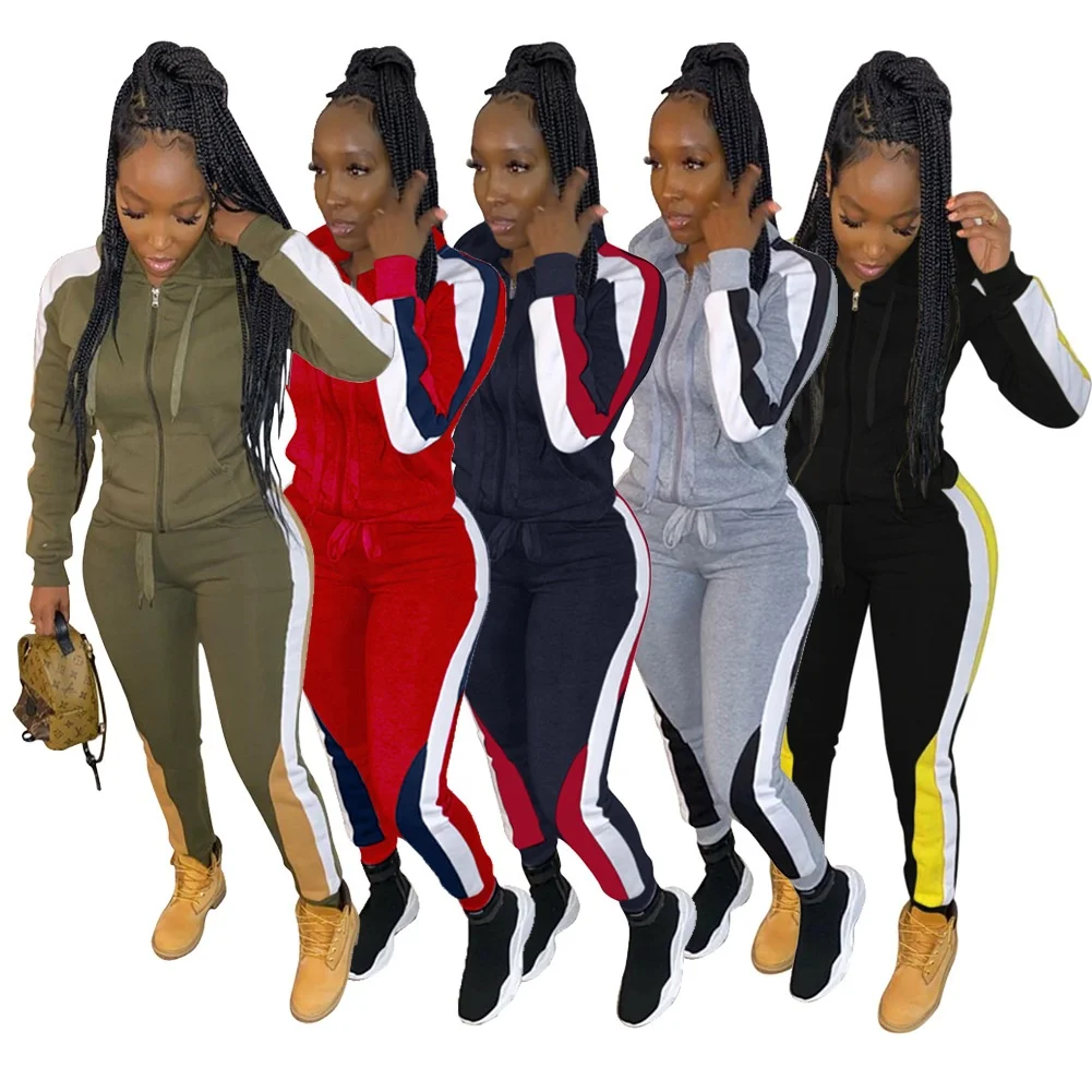

MT81-7340 European and American fashion color block stitching casual two-piece hooded zipper jacket