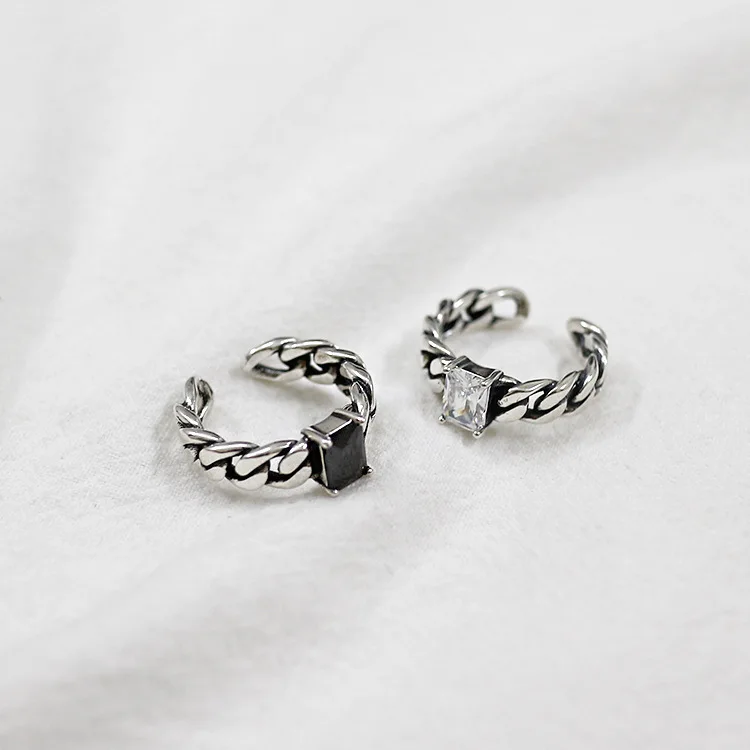 925 Sterling Silver Antique Ring Black Agate Chain Opening Personalized Ring Personalized New Trend