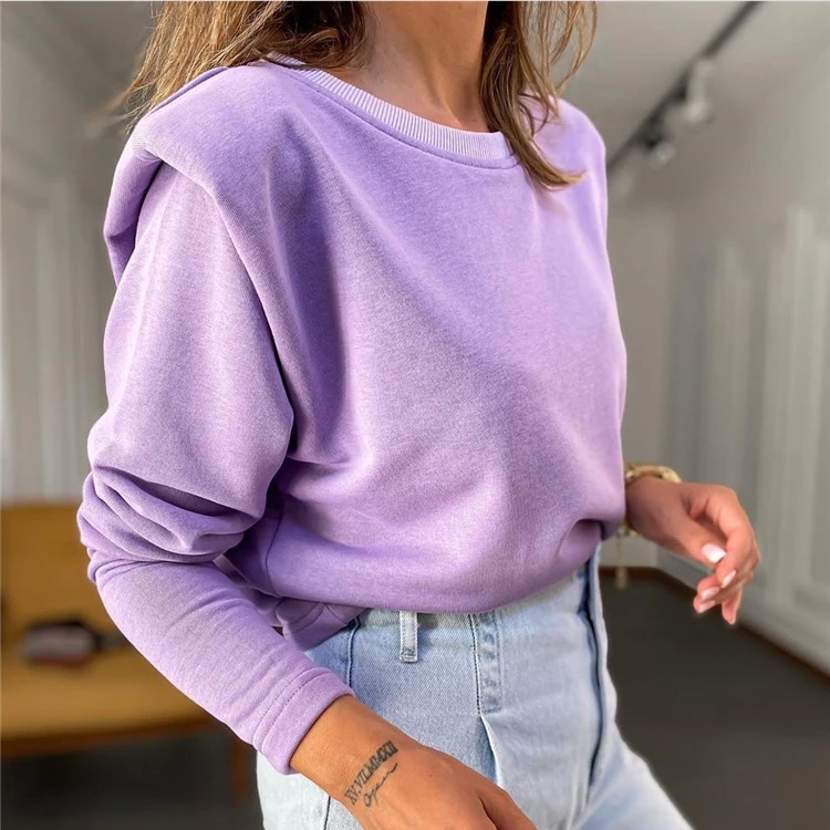 

Autumn Solid Color Padded Shoulder Plush Crewneck Sweatshirt Casual Long Sleeve Sweatshirt