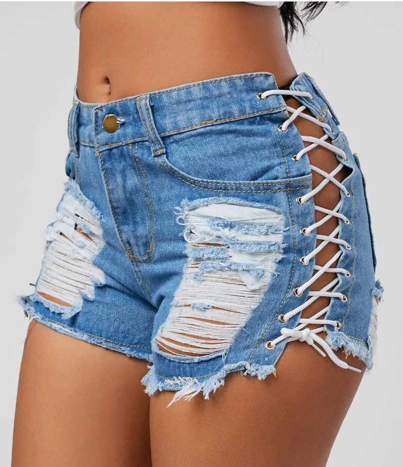 

2022 New Arrivals Shorts Jeans 3XL Plus Size Demin Distressed Jeans Shorts Side Bandage Stretch Jean Ripped Shorts