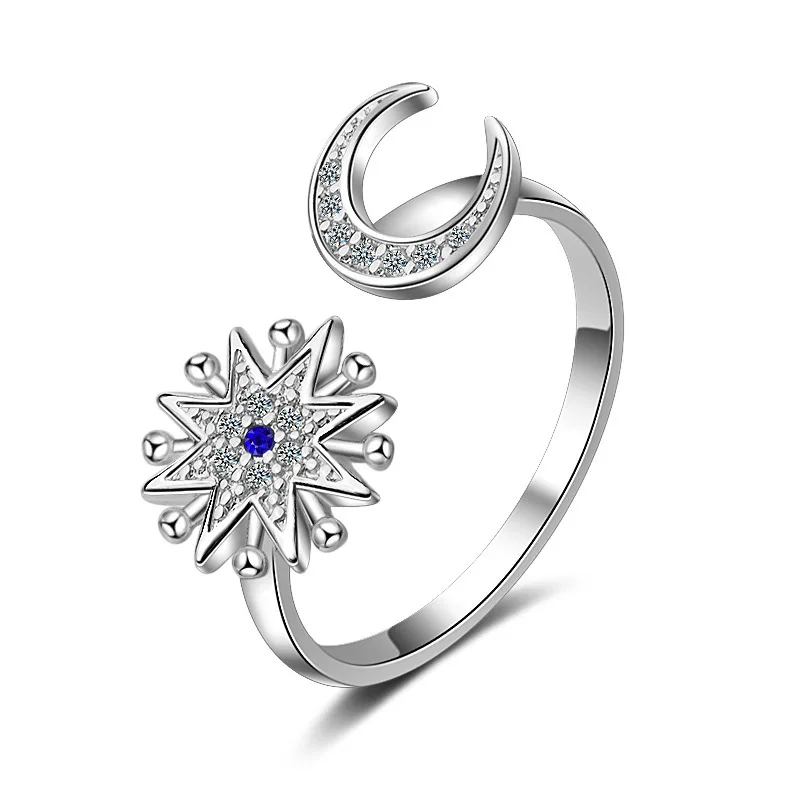 

white gold  creative moon and star ring open design zircon star moon ring