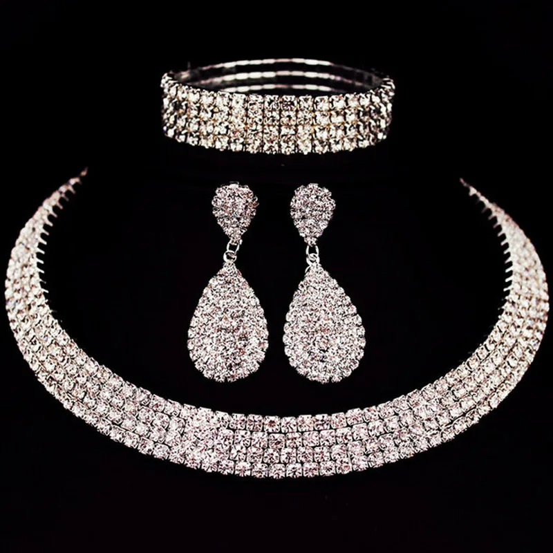 

JLN4526 High quality Bridal Rhinestones Jewelry Set Multi Layer Rhinestones choker necklace earrings bangle set for wedding