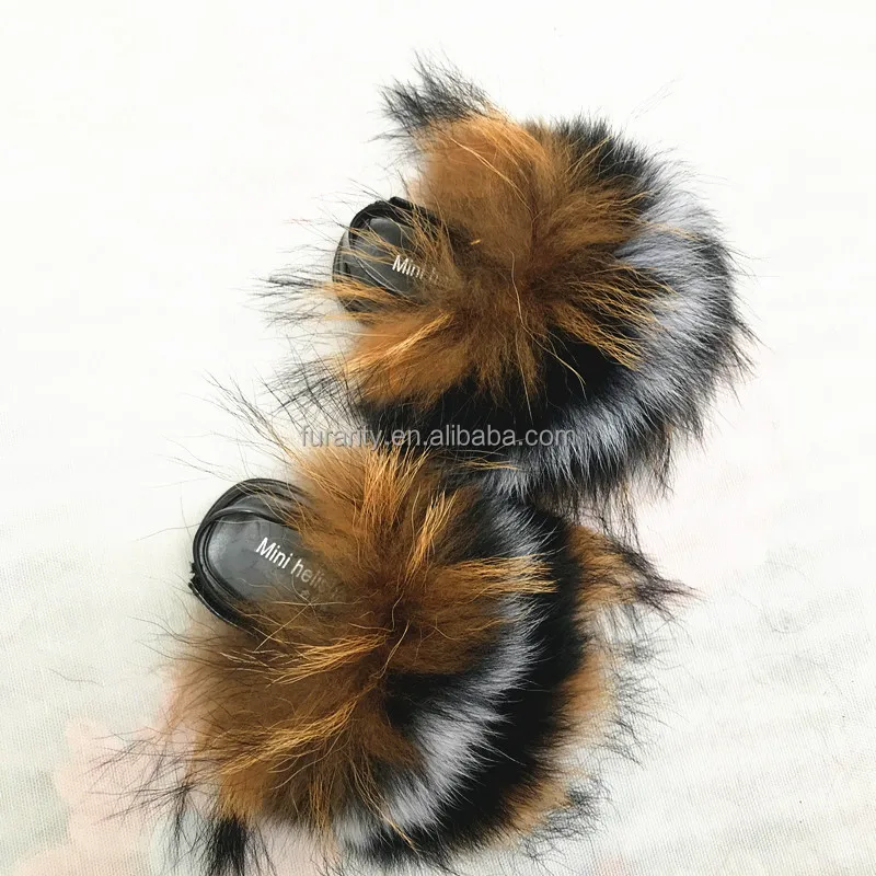 

Wholesale Baby Sandals Raccoon Fur Furry Cute Shoes Real Fox Fur Slippers for Kids