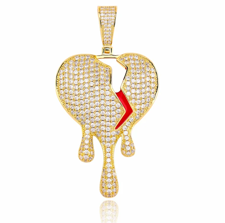 

Jialin jewelry ins hiphop iced out cz zircon diamond Water droplets 18k white gold broken heart chain shape pendant necklaces