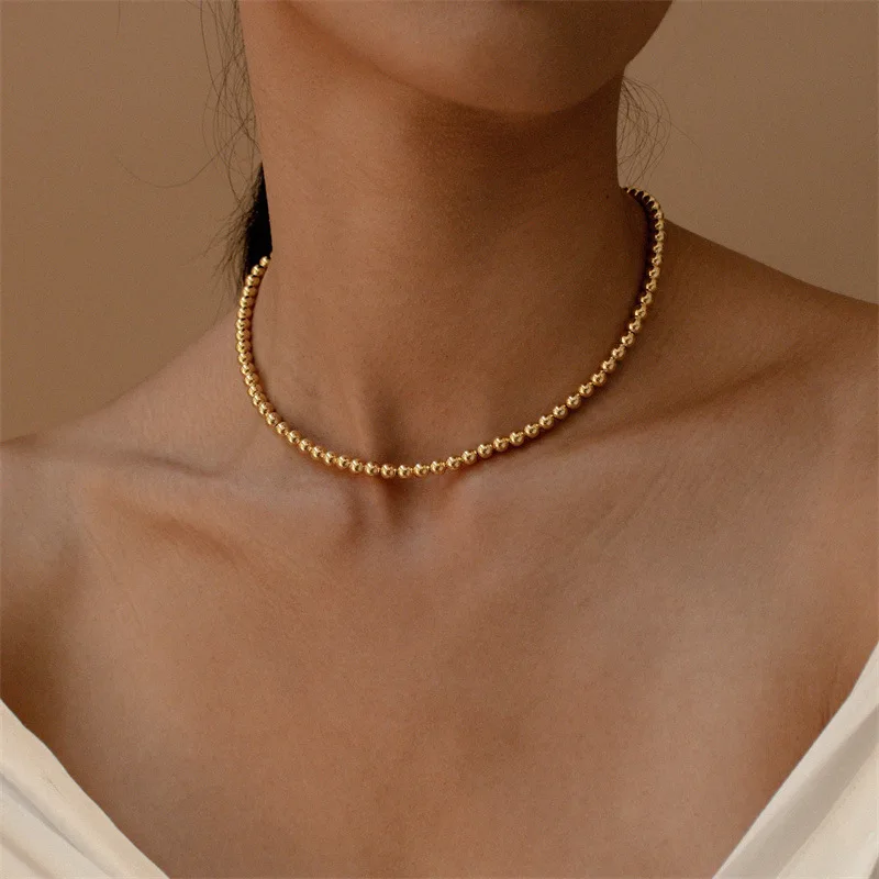 

Newest Trendy 18K Gold Plated 5mm Copper Beads Necklace Simple Brass Beads Chain Necklace For Women Fashion Jewelry