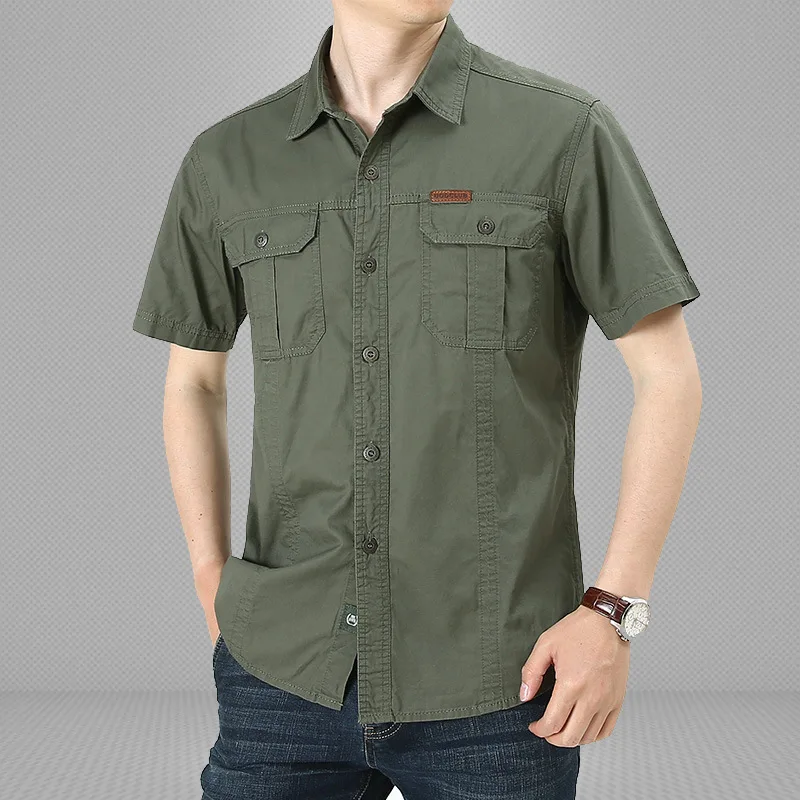 Ohsisa Wholesale Men Summer Cotton Short Sleeve Shirts Solid Color Button Lapel Pockets Work Tops Blouse Casual Shirt