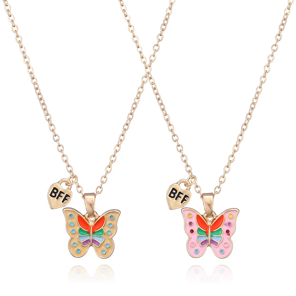 

2pcs/set Fashion zinc Alloy drip oil enamel Butterfly Shape Necklace kids sister jewelry gold plated set for best friend
