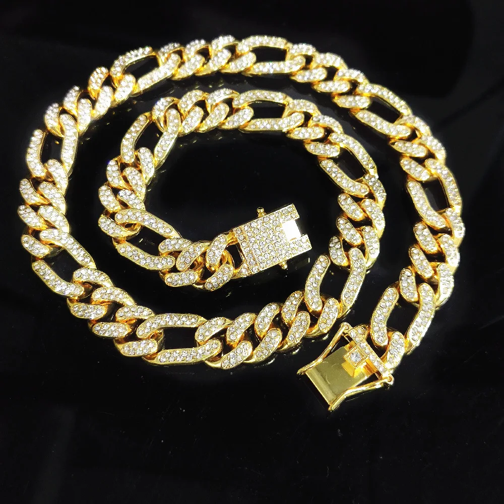 

European Men's Hips Hops Rap Jewelry 18K Gold Plating Figaro Cuban Chain Necklace Full Bling Crystal Figaro Cuban Chain Necklace