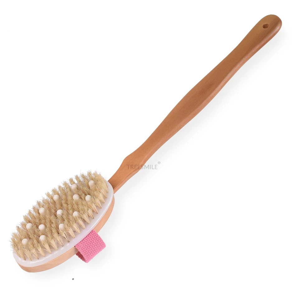 

bath Dry Brush for Cellulite and Lymphatic Massage Natural Bristle Body Brush with Detachable Long Handle Treesmile OEM logo