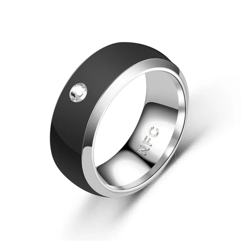 

Wholesale Mobile Phone Graphic Label Stainless Steel Women Men Drip NFC Ring with Diamond, White/black