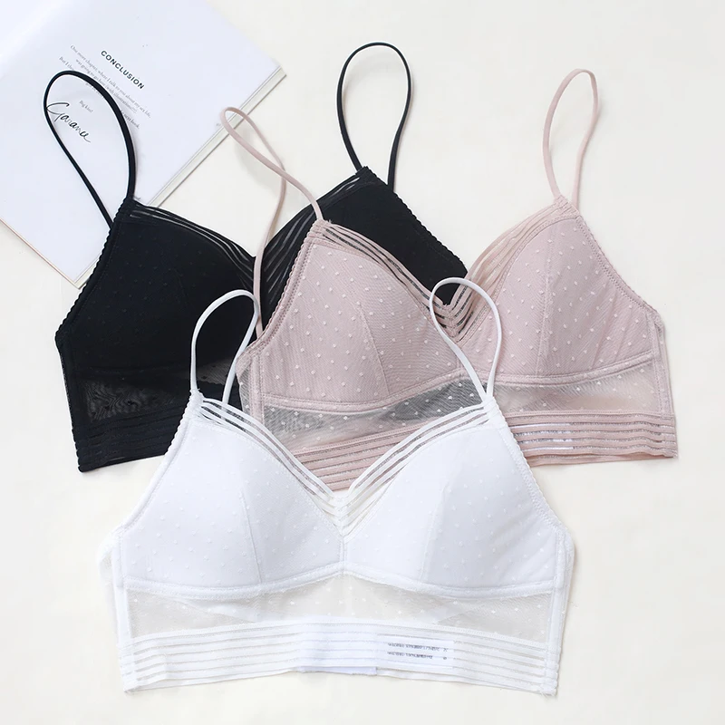 

Sexy Backless Strapless Bra Push Up Plus Size Bras For Women Thin Lace Bralette Dots Mesh Lingerie Brassiere Low Back Underwear
