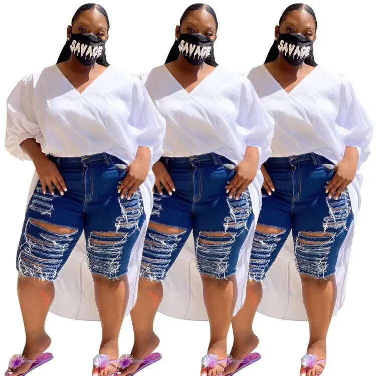 

20720-MX11 plus size XXXXL hole short pants cut up design jeans women