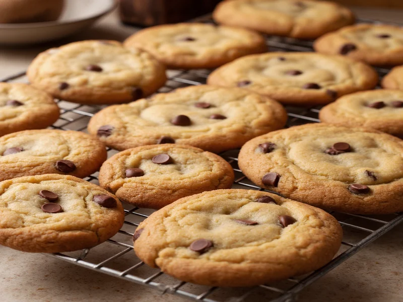 Freshly baked chocolate chip cookies on cooling rack
