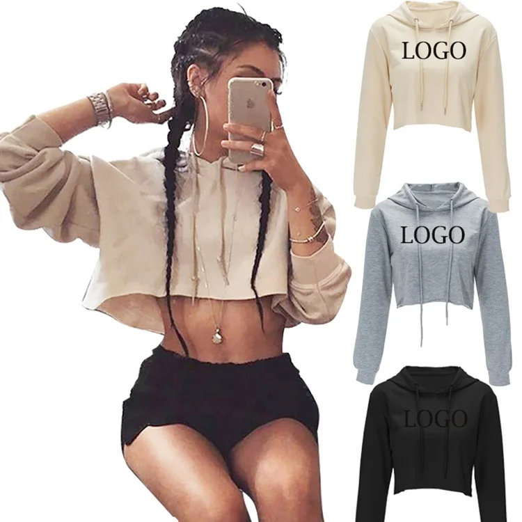 

Custom Logo Autumn Clothing Ladies Sexy Pullover Women Long Sleeve Crop Top Hoodie, Black / khaki / gray