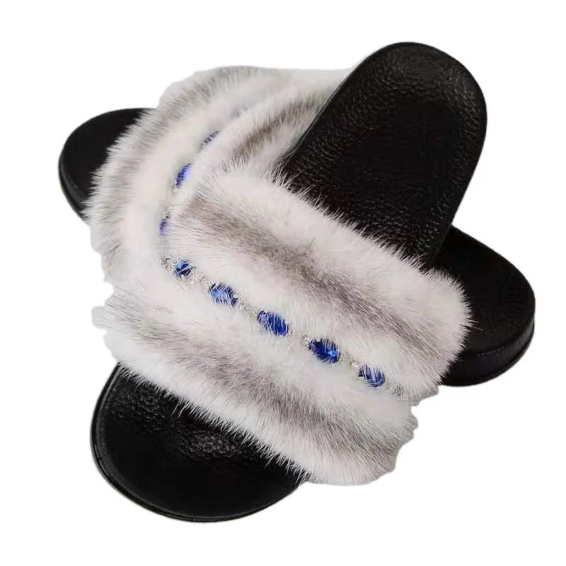 

2021 new design indoor white diamond women's real mink slippers wholesale outdoor fluffy soft ladies fur sandals sexy flip-flops, Customized color