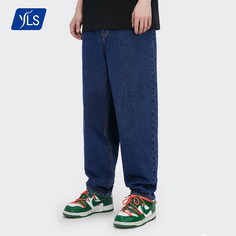 

YLS 2021 Fashion New Man Custom Logo Blue Stretch Jeans Loose Fit Straight Leg Cargo Male Denim Baggy Pants