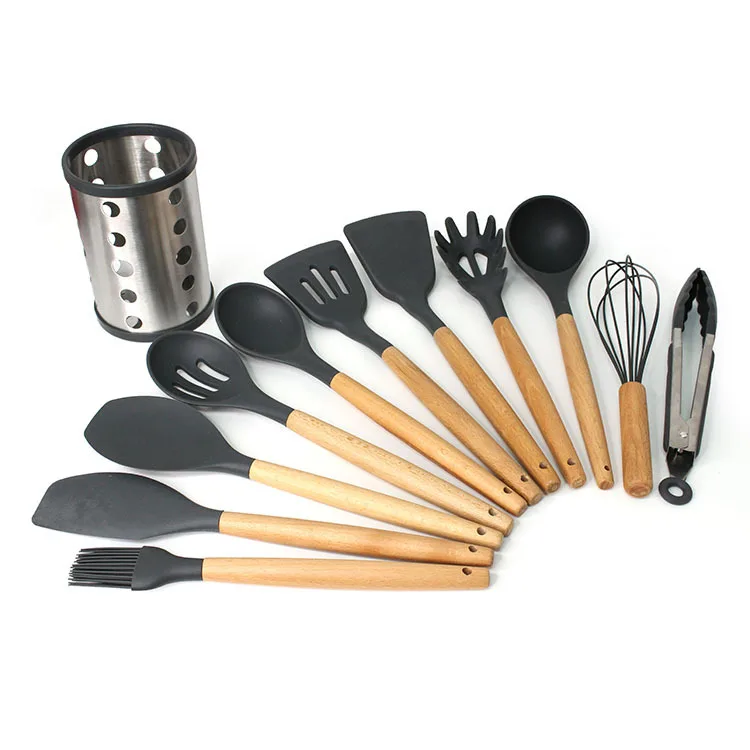 

11 High-quality Natural Wooden Handle Silicone Spatula Cutlery Set, Natural color