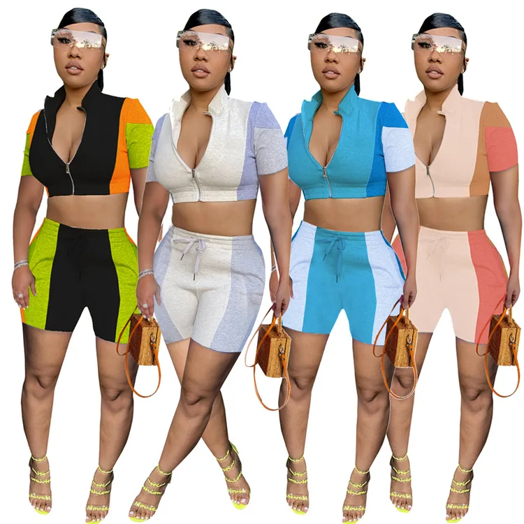 

KX-YSM875 Latest design color blocking patchwork women summer outfit high waist casual short set women 2021