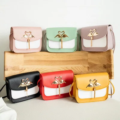 

G162 hot sell luxury leather small square hand bags girls mini make up one-shoulder cross-body bag with swan, Yellow,red,purple,green,black,pink