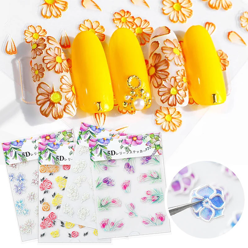 

2020 popular 5d embossed flower leaf decals nail art beauty decoration nail stickers, 20 colors