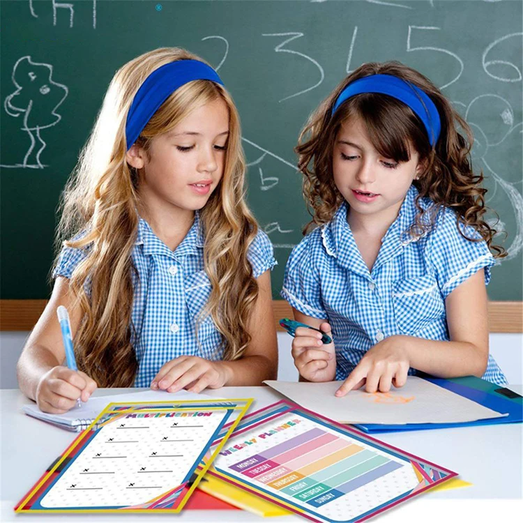 
School Colorful Children Writing Drawing Clear PVC Reusable Dry Erase Pockets 