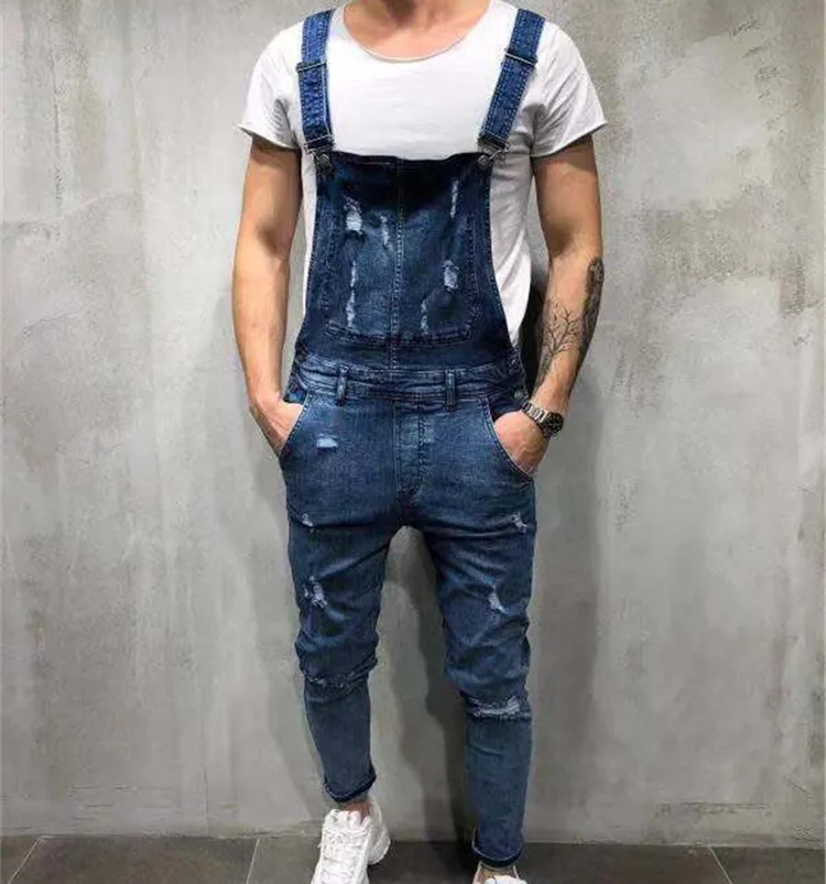 

Fashion Men's Ripped Jeans Jumpsuits Street Distressed Denim Bib Overalls For Man Suspender Pants, 2 colors