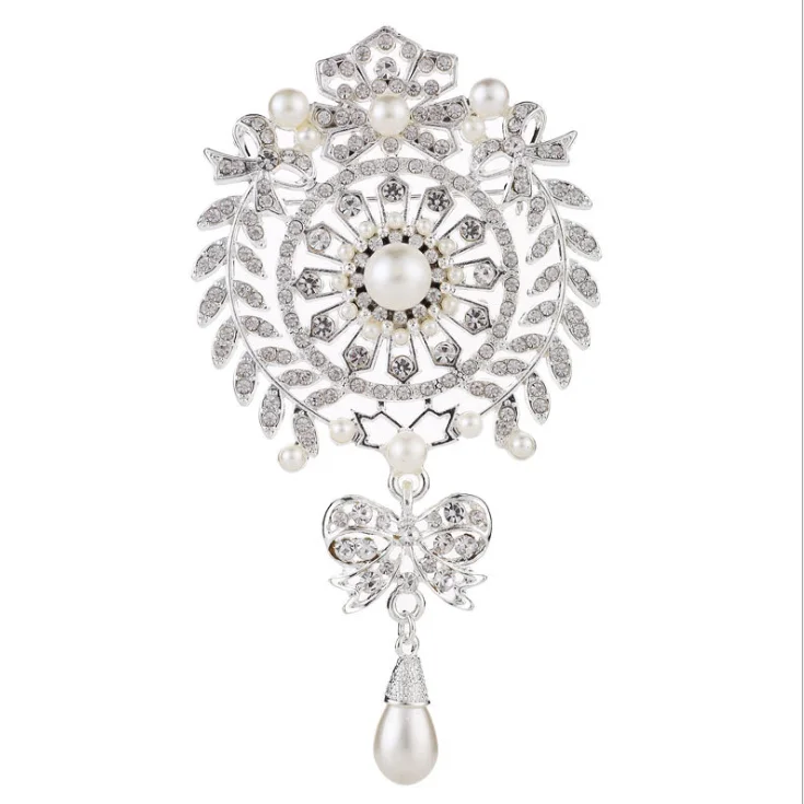 

Fashion Pearl Bow China Wholesale Wedding Accessories Jewelry Crystal Rhinestone Pin