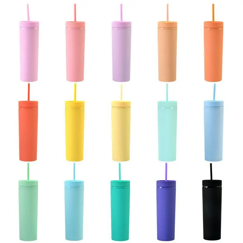 

Reusable Plastic Cup 16oz Bpa Free Water Bottles Matte Double Wall Acrylic Skinny Tumbler With Straw, Different colors