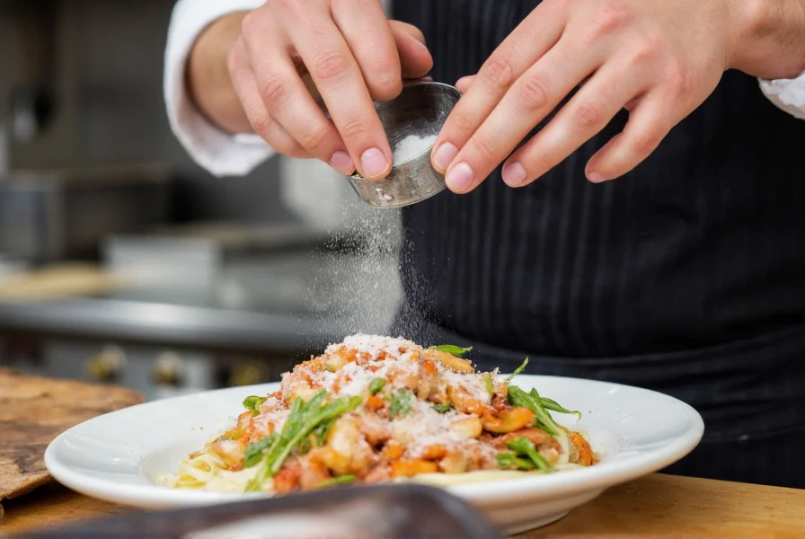 Professional chef seasoning food with salt and pepper using precise measurements and different salt types