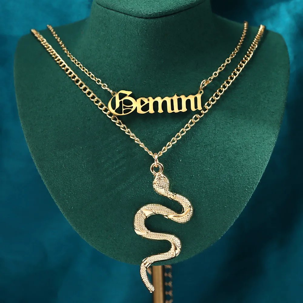 

Personality Custom Letter Old English Name Plate Gold Filled Chain Snake Pendent Layered Necklace, Gold plated