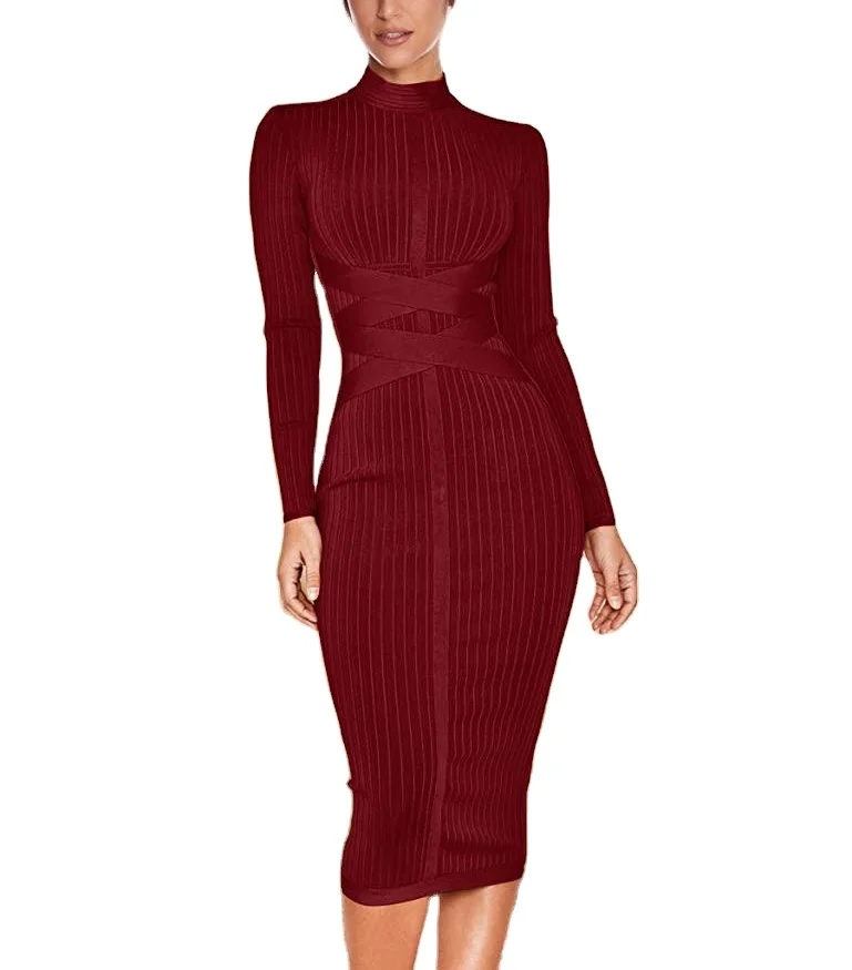 

D9001 Women Long Sleeves evening dress Cross Strap Ribbed Club Party Midi Bodycon Bandage Dress, Picture