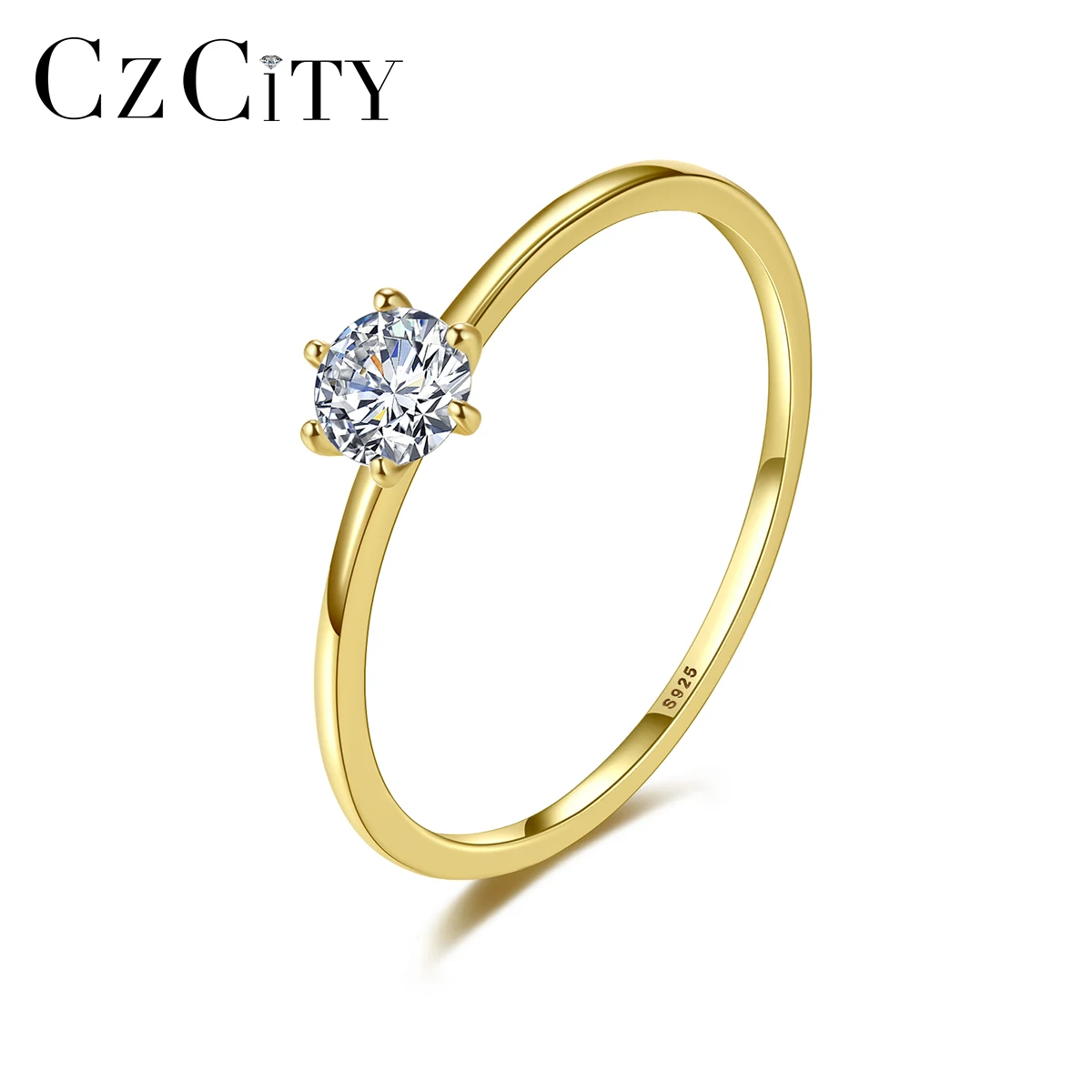 CZCITY Engraving Cubic Zirconia Shinning as Real Diamond Ring Women Classic One CZ Main Stone Rings Gold Plated