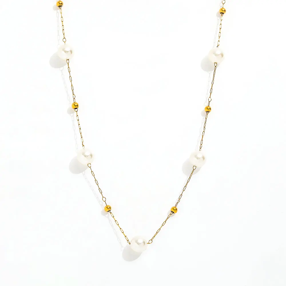 Joolim Jewelry 18K Gold Plated Imitation Pearl Dainty Chain Beads Satellite Necklace Stainless Steel Jewelry Wholesale
