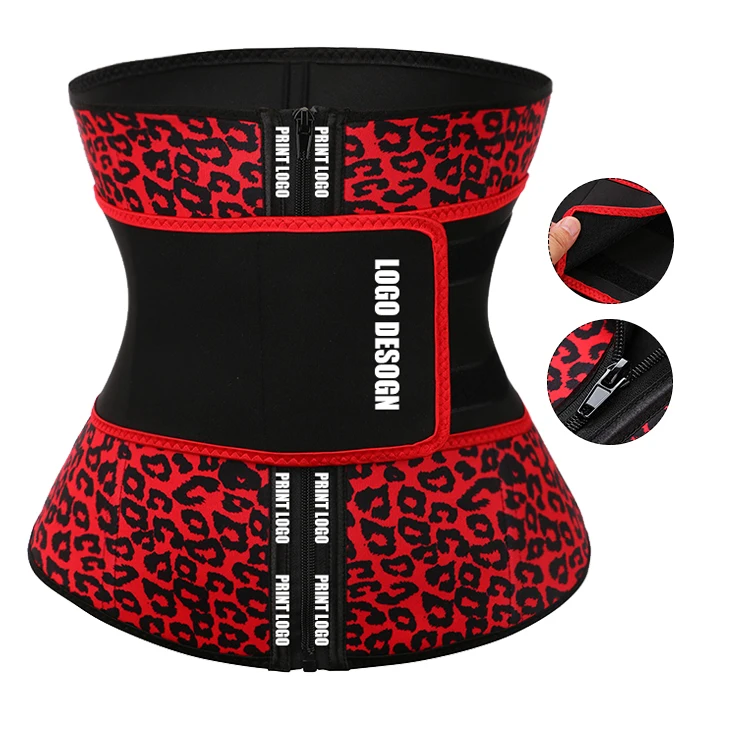 Custom Logo Leopard Print Neoprene Waist Trainer Adjustable Compression Belt Zipper Front Women Body Shaper