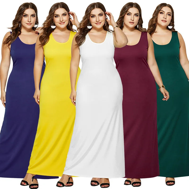 

Fat girls women's dress spring summer sexy round collar pure color long skirt foreign trade large size sleeveless simple dress, 6 color