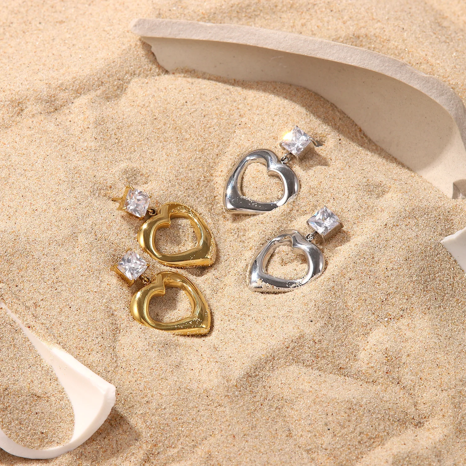 

Heart pendant earrings 14K gold plated stainless steel square zircon diamond earrings jewelry