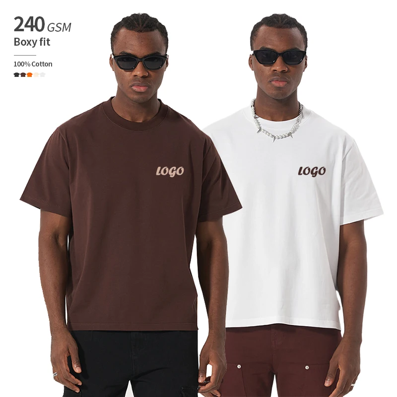 100% Cotton Boxy Men's T-Shirt 240 GSM Heavyweight Streetwear Oversized Dropped Shoulders Cropped Custom Logo Short American OEM