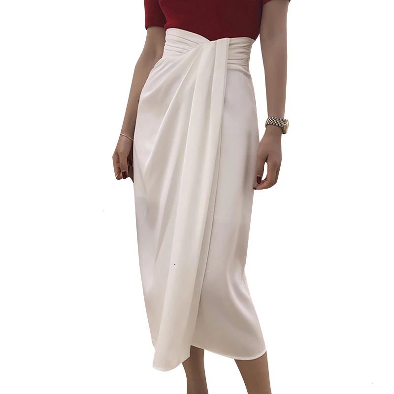 

CHICEVER Casual Women's Skirts High Waist Asymmetrical Ruched Vintage Midi Skirt Fashion Summer