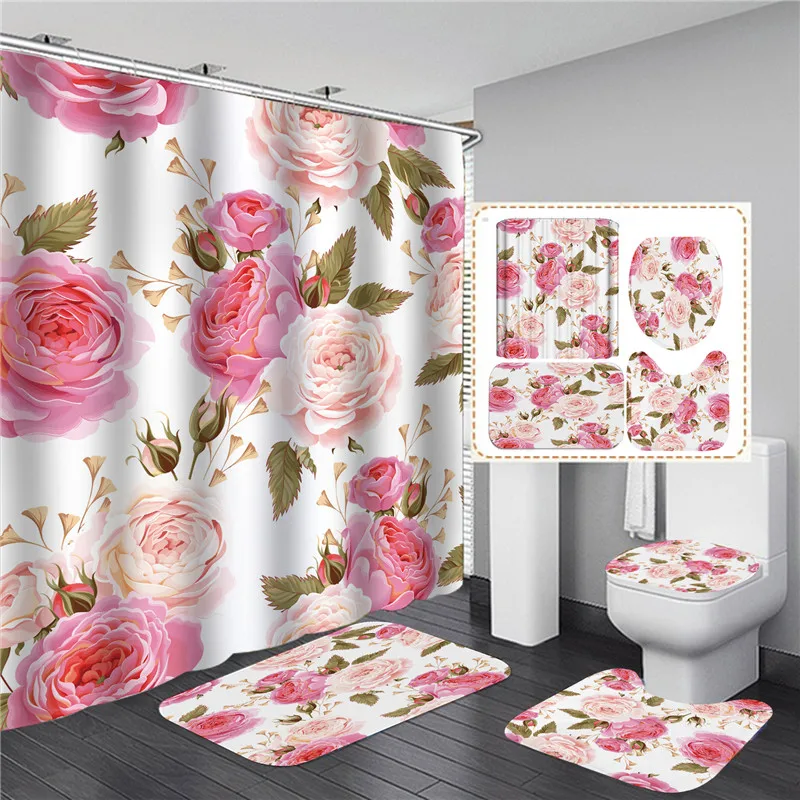 

4PCS Big Flower Shower Curtain Set with Carpet Bath Screen for Home Hotel Bathtub Partition Mold Proof Durable Curtains Hooks