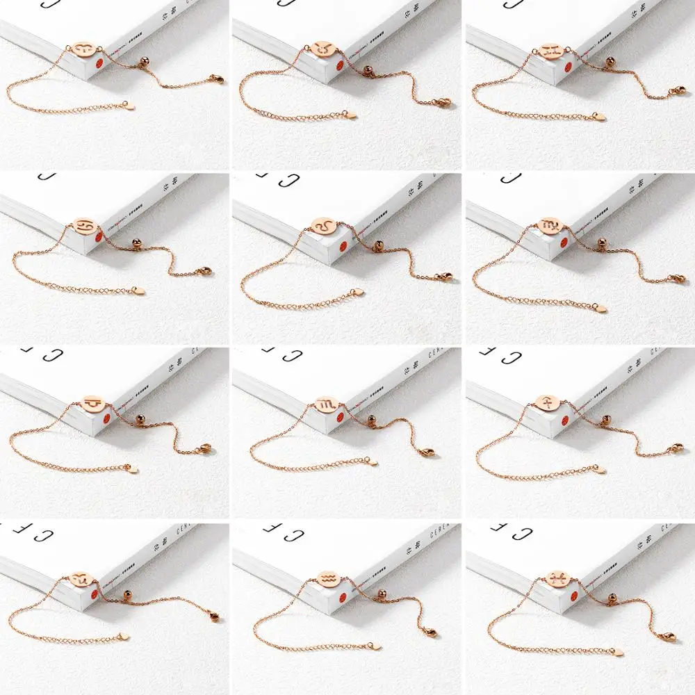 
Rose Gold Plated Symbol Sign 12 Constellation Zodiac Anklets for Women Foot Chain Jewelry 