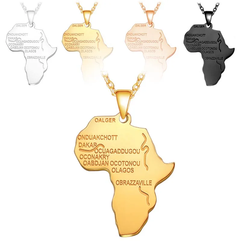 

VRIUA Factory Stock High-Quality Hiphop 316L Stainless Steel Gold Chain Africa Map Pendant Alphbat African Map Necklace, Golden sliver