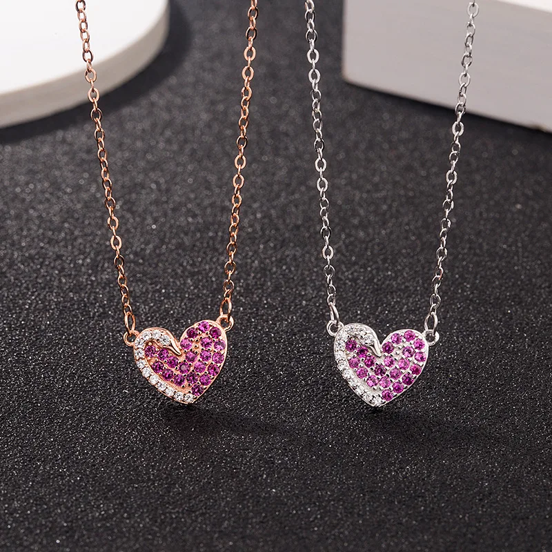 

925 Silver Rose Gold Filled Tiny Pink CZ Zirconia Heart Necklace Crystal Heart Choker Necklace for Valentine Jewelry Gifts