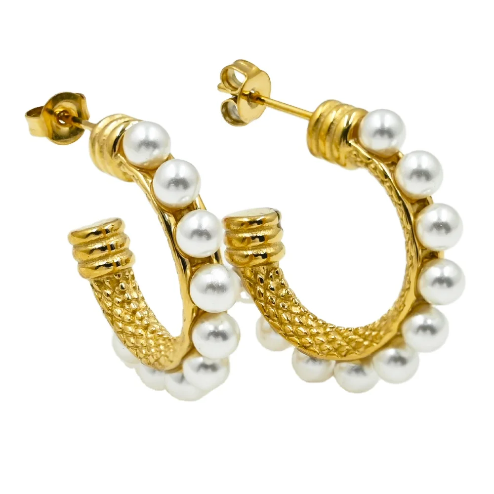 

Everyday Wear 316L Stainless Steel 18K Gold Plated Freshwater Pearl Cable Coil Earrings Luxury Baroque Pearl C Shape Earrings