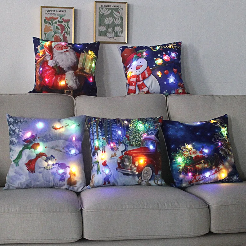 

Christmas Home Sofa Car Decor Led Light Luminous Cushion Cover Santa Claus Reindeer Pillow Case