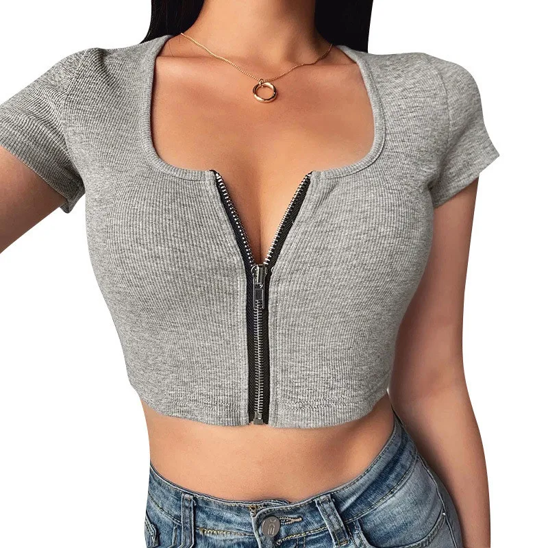 

Ribbed U-Neck Short Top Short Sleeved T-shirt With Zipper Cardigan Vetement Femme Top T Shirt For Women