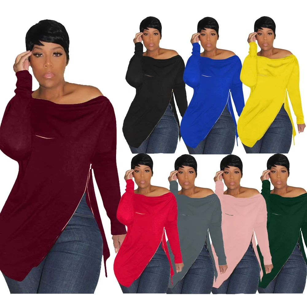 

MT51-1080 Women Fashion One Shoulder Zipper Top Hoodie Plain Dyed Regular Sleeve without Hood Solid Pattern Long Casual